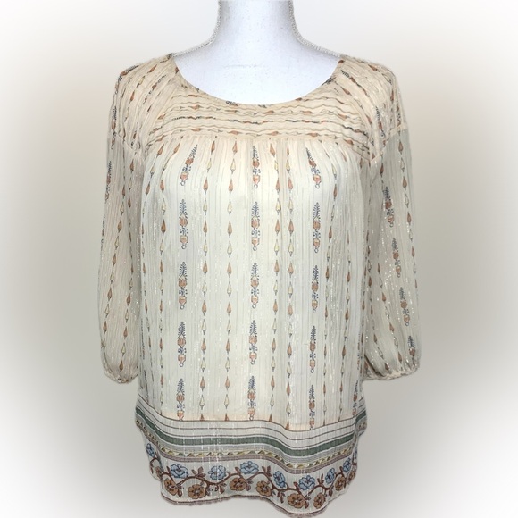 LC Lauren Conrad Cream Boho Floral Top Blouse 3/4 Sleeves Women Medium - Picture 1 of 8